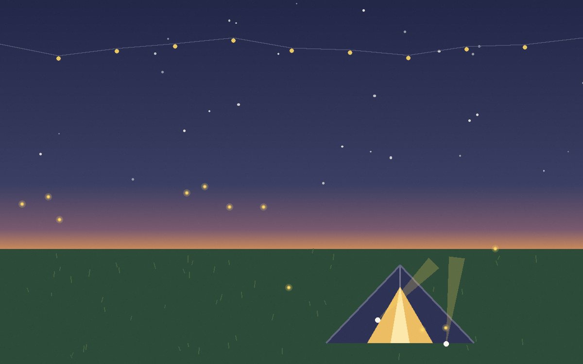 A finished small tent on the lawn with bedding being carried in and a torch hung inside