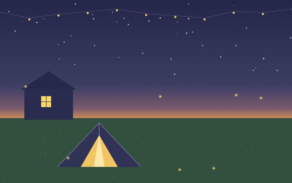 A small tent glowing on a lawn at dusk with fireflies and a lit house window behind