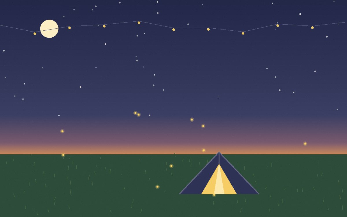 Small lights blinking over a dark lawn while a family watches from a blanket, torches off