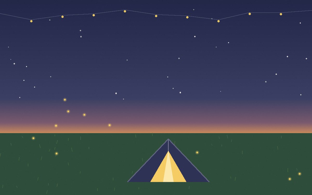 An open log notebook with a childs drawing of a tent and stars beside a folded tent bag