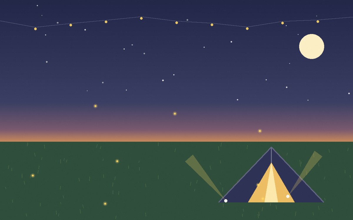 Sleeping bags lined up inside a tent with a torch hanging from the ceiling loop